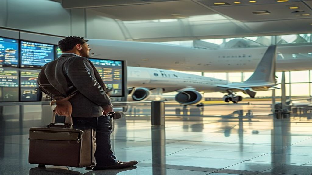 A plane flying from Birmingham Airport to London, showcasing quick business travel options