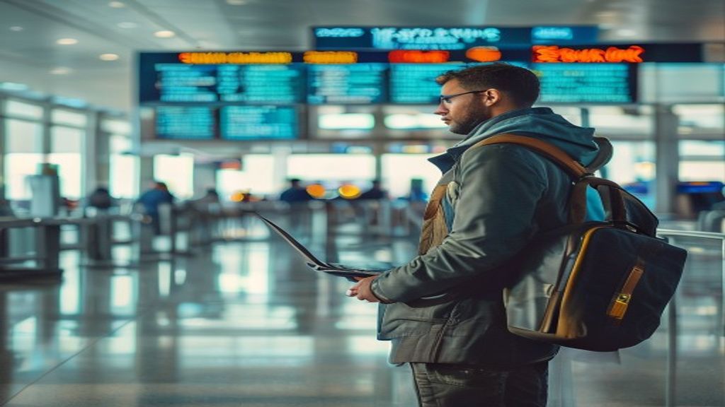 A busy airport terminal showing passengers boarding a flight from Birmingham to London.