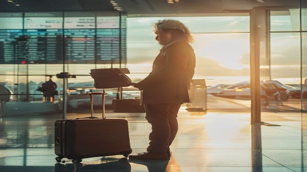 Passenger boarding a flight at Exeter Airport heading to London, with the city skyline visible.