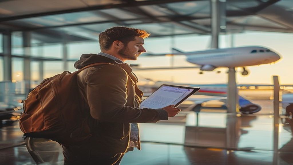 A passenger views a flight schedule showing direct flights from Exeter to London, highlighting convenient travel options.
